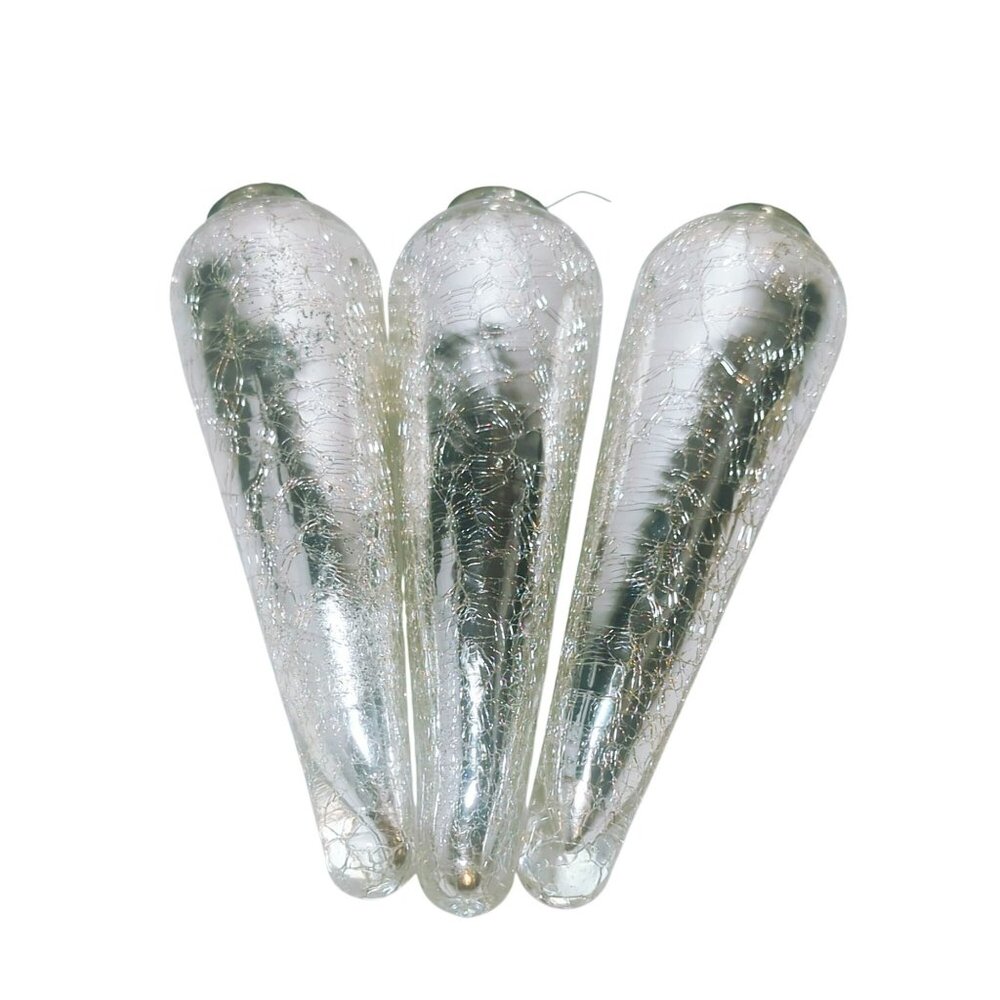 Set Of 3 Crackled Glass Silver Cone-Shaped Teardrop 9in Ornaments India Heavy